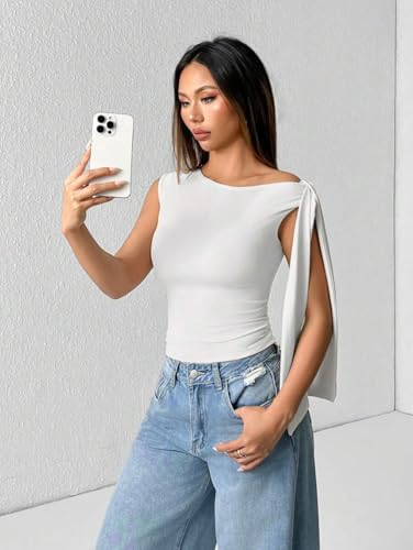 Image of TIVANTE Solid Asymmetrical Shoulder Tie Strap Crop Top for Women