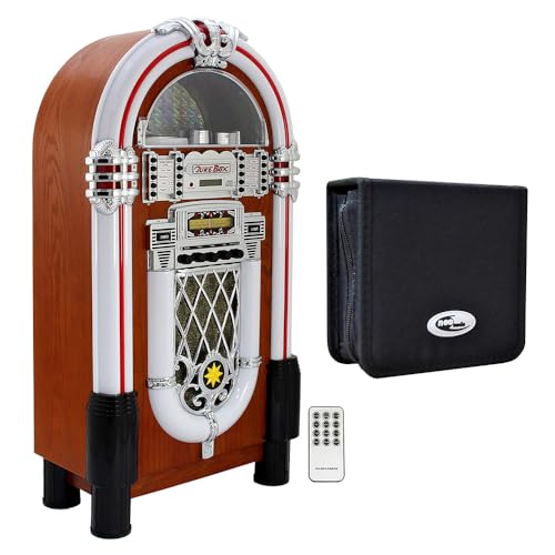 Retro Style Illuminated Jukebox Sound System with Bluetooth & FM Radio + 48 CD/DVD Carry Case – Vintage Music Player with LED Lights, USB, AUX & Remote Control Bundle
