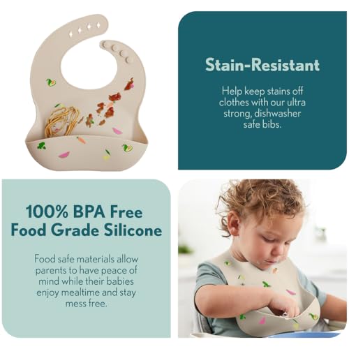MIGHTY MONKEY BPA Free Waterproof Silicone Feeding Bib, Baby and Toddler Adjustable Food Catcher, Dishwasher Safe Bibs, Eating Drinking Essentials for Boy, Girl, Drooling Teething Babies, Food Pattern
