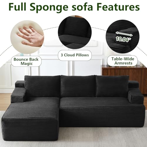 Image of 96 inch Modular Sectional Sofa, Modern Corduroy Cloud Couch with Side Pockets, Boneless Couch Upholstered 3-Seater L-Shaped Sofa for Living Room, No Assembly Required (Black, Left-Facing Chaise)