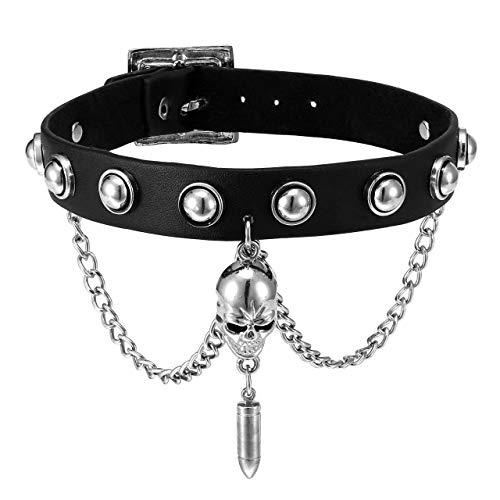 Zysta Unisex Genuine Leather Choker Necklace Adjustable Studed Collar Wide Band Chain Goth Punk Rocker Bold Costume Necklaces Women Gothic Accessory