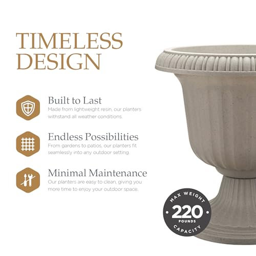 Southern Patio 14 Inch Large Outdoor Home Lightweight Plastic Utopian Urn Flower Planter Pot for Entryways and Backyard Patios, Stone - Thumbnail 3