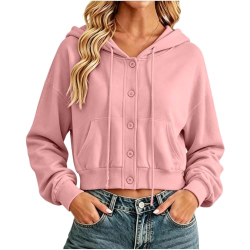 NSICBMNO Pink Fleece Hoodie Women Button Up Cardigans Long Sleeve Crop Top Oversized Sweatshirt Ladies Short Jackets Fall Winter Jackets With Pockets