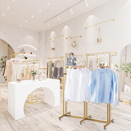 FKKPRVAX Floor Standing Metal Garment Rack - Heavy Retail Display Racks With Wheels, 6 Arms Clothing Rack, Square Tubing Portable Shirt Racks, Merchandise Display For Hanging Clothes (Gold)
