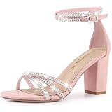 Allegra K Women's Rhinestone Ankle Strap Chunky Heel Pink Sandals 8 M US