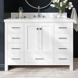 ARIEL 49' White Bathroom Vanity with 1.5' Edge Pure White Quartz Countertop & Backsplash, Center Rectangular Sink, 2 Soft Closing Doors, 9 Full Extension Dovetail Drawers, Brushed Nickel