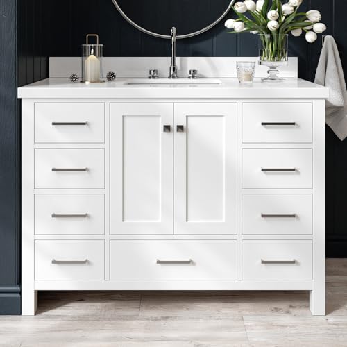 ARIEL 48 Inch Bathroom Vanity with Sink, 1.5' Pure White Quartz Countertop & Backsplash, Rectangular Porcelain Sink, 2 Soft Closing Doors, 9 Full Extension Dovetail Drawers, Brushed Nickel - White