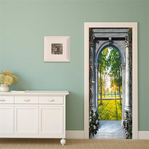 FLFK 3D Ensoleillement Cambre Paysage Auto-adhésif Stickers Affiche Autocollant de Porte Chambre Maison Décorations Murales Papier Peint 77X200cm