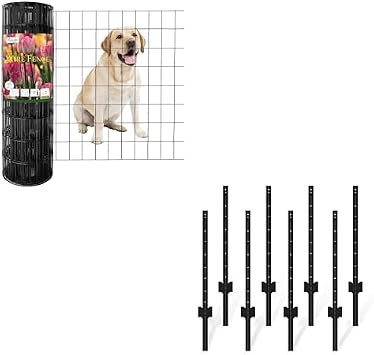 FOREHOGAR Black PVC Coated Welded Wire Fence 24 Inch x 50 Foot, 2 Inch x 3 Inch 16GA Bundle Metal Fence Post 3 Feet Black, Pack of 8, T Post for Wire Fence