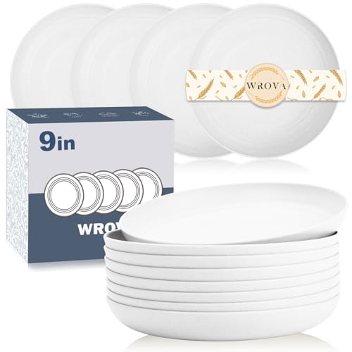 Wrova Plastic Plates Set of 8 Reusable Dinner Plate 9 Inch Deep Plate Set, Unbreakable and Lightweight White Plates, Dishwasher & Microwave Safe for Kitchen - White