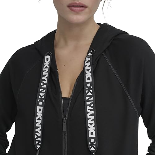 DKNY Womens Two Tone Logo Zip Jacket Hooded Sweatshirt, Black, XS UK