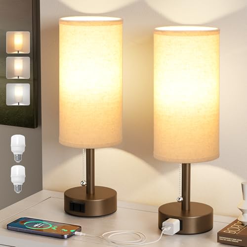 Fenmzee Brown Bedside Table Lamps Set of 2-3 Color Temperatures Pull Chain Lamp with AC Outlet Charging Port, Small Round Night Stand Lamps for Bedroom, Bed Side Light with E26 LED Bulbs by Fenmzee - Used condition - Image 7