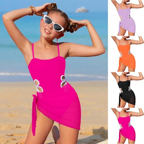 Girls Flower Hollow Side Cutout One Piece Swimsuit with Wrap Coverups Beach Sarong Two Piece Bathing Suit for 8-13 Years2