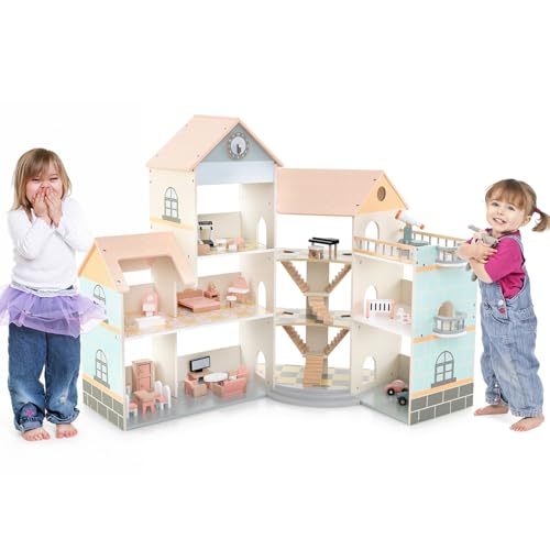 Costzon Wooden Dollhouse for Kids, DIY Pretend Dollhouse Playset w/ 41 Pieces of Furniture & Accessories, 7 Rooms, Balcony Patio & Garage, Corner 3-Story Luxury Doll House, Gift for Kids 3+ Years