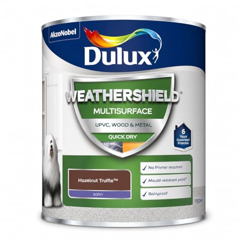 Image of Hazelnut Truffle Weathershield Multi Surface Satin Paint 750ml | Exterior uPVC Wood and Metal Paint | Quick Dry Mid Sheen Finish | Weatherproof Paint for Doors Windows Garage Doors and Trim