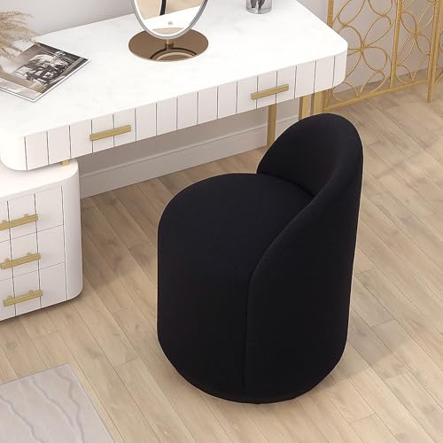 Image of HNY Upholstered Kitchen & Dining Room Barrel Chair, Mid Century Modern Round Sherpa Boucle Dining Chair, 360 Degree Swivel Comfy Armless Accent Makeup Vanity Side Chair for Bedroom Living Room, Black