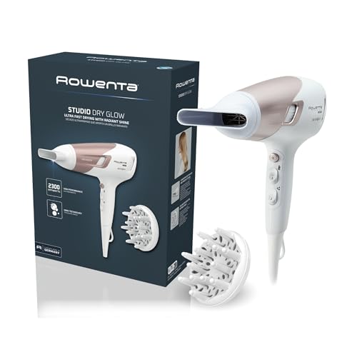 Rowenta Studio Dry Glow, asciugacapelli, asciugatura rapida, CV5830 | Phon per Capelli 2100W, Tecnologia Effiwatts, Thermo Control, 1 Diffusore, 1 Concentratore, Colore: Bianco/Rosa metallizzato