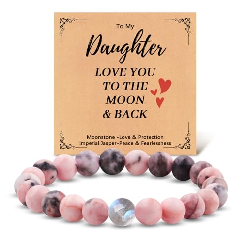 Daughter Gifts from Mom Daughter Bracelet, Pink Natural Stone and Love Moonstone Bracelet for Teen Girls Graduation Comfirmation Birthday Gifts