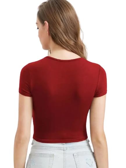 Image of Womens Round Neck Casual Solid Crop Top
