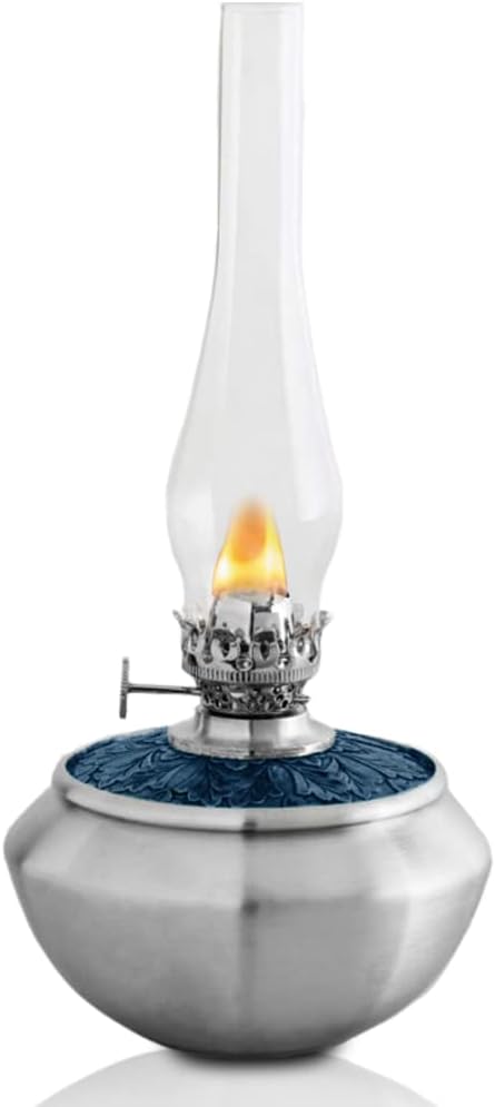 Danforth Pewter Leaf Medallion Oil Lamp (Blue) – Traditional and Vintage Style Oil Lamps for Indoor Use – 8.75” High with Glass Chimney, Made in USA