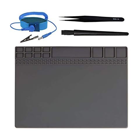 Eoneding Anti-Static Mat Work Mat Repair Work Mat and 3 Auxiliary Tools, Anti-Static Wrist and Tweezers and Brush 932°F Heat Resistant 15.9” x 12” inch Grey Cover