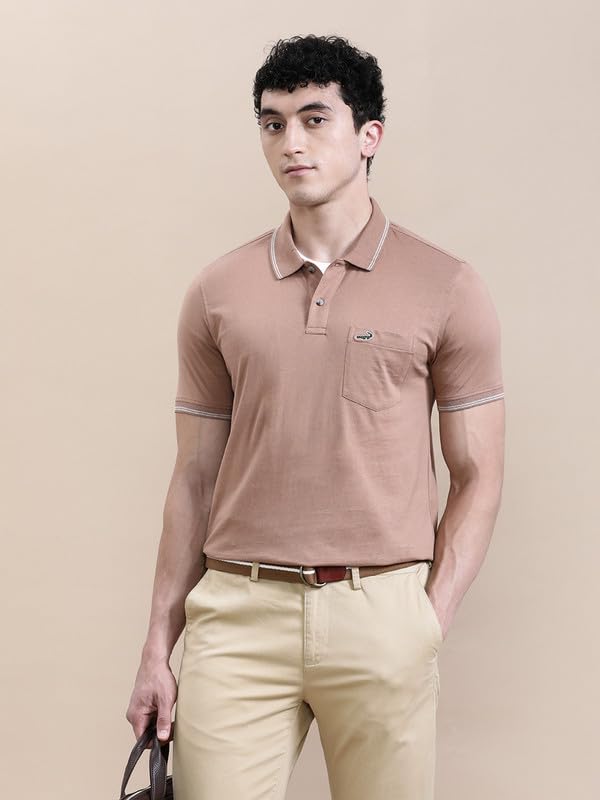 Image of CROCODILE Men Solid Slim Fit Polo T-Shirt | Regular Length | Short Sleeve | Button Placket | Casual Knitted Topwear