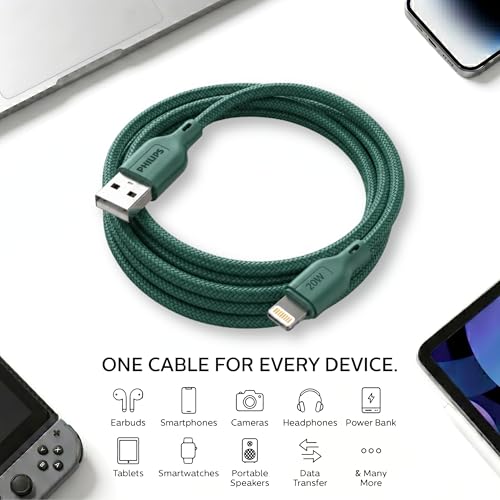 Image of PHILIPS DLC4150VT /94 20W iPhone Original Type-A to Lightning Fast Charging Cable (1.5m, Crystal Teal) | MFi Certified | 480Mbps | Nylon Braided | Compatible with iPhone & Other Lightning Devices