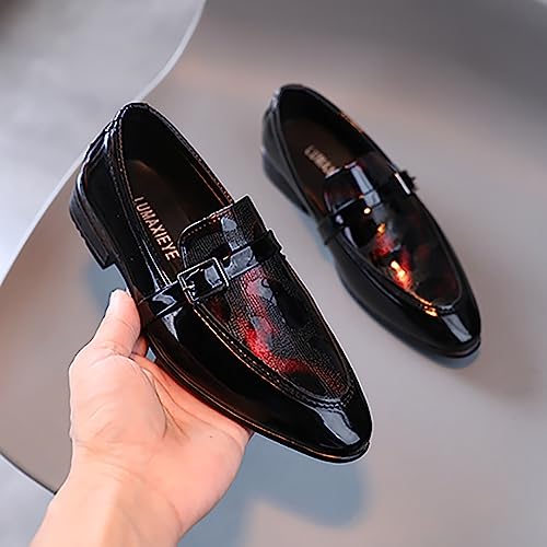 XinYiQu Sapato social casual Oxford clássico de couro sintético com cadarço para meninos, Preto, ver