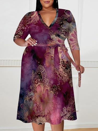 Image of PinkPatty Women's Plus Size Maxi Dress Print 3 /4 Sleeves V Neck Party Sundress Wedding Guest Dresses