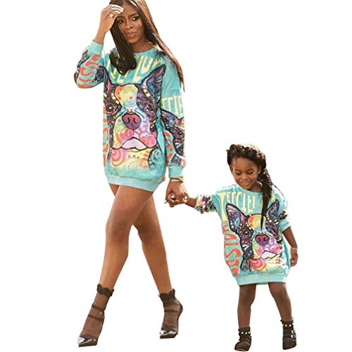 JEELINBORE Familie Casual Kleider Langarmshirt Pullover Mutter und Tochter Gedruckt Mini T-Shirt Kleid Sweatshirt - Karikatur, 3XL (Mama) Cover