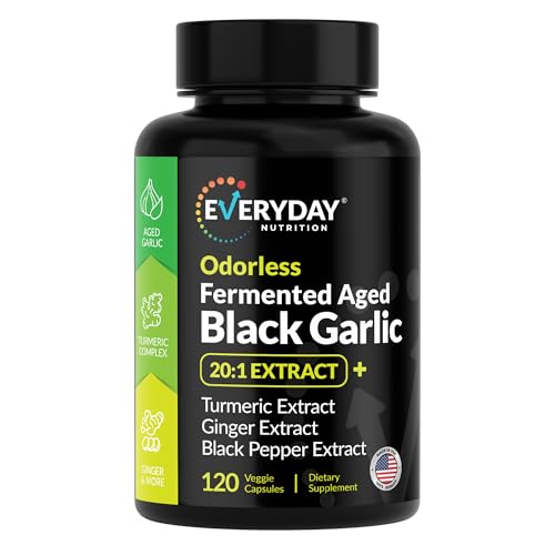EVERYDAY NUTRITION Odorless Fermented Aged Black Garlic Extract with Turmeric Complex Ginger Black Pepper Extract 120 Veggie Capsules