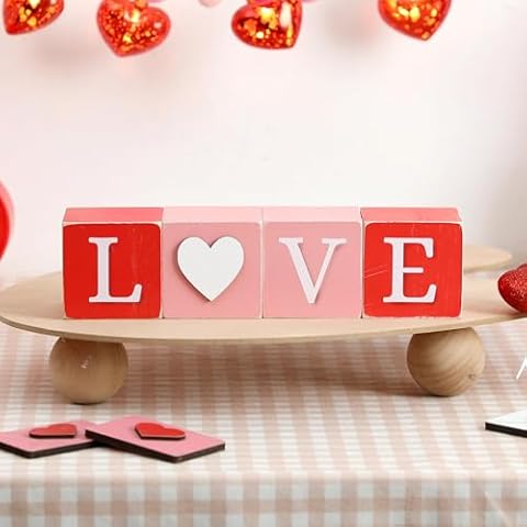 Valentines Day Decor Wooden Signs, Farmhouse Valentines Day Home Decor, Love XOXO Wooden Block Valentines Table Centerpiece for Wedding Anniversary Engagement Party Supplies Cover