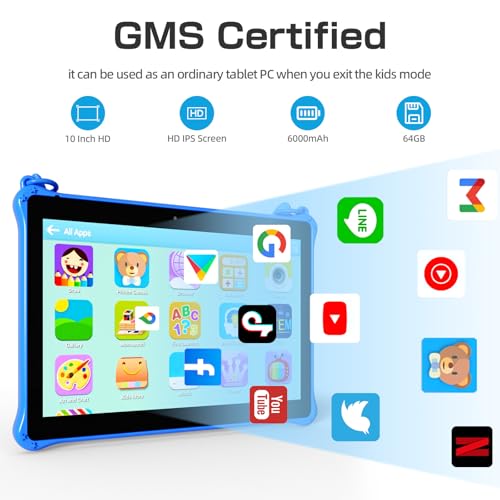 Image of PRITOM 10 inch Kids Tablets Android, 64GB, Tablet with Lanyard, Parental Control, HD IPS Display, WiFi, Dual Camera, Toddler Tablet for Kids, Blue
