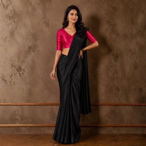 Image of Studio Shringaar Women Readymade Raw Silk V Neck Saree Half Sleeve Blouse