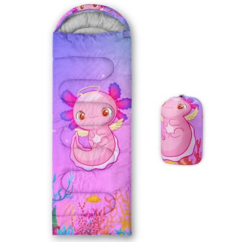 HOSIMA Cartoon Axolotl Sleeping Bag for Kids Girls,Purple Blue Cold Weather Sleeping Bags,Waterproof Ultralight Sleeping Bags & Camp Bedding Suitable for All Seasons.