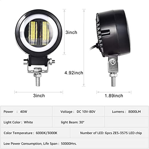 YUGAUNG Pair LED Fog Light Off Road Angel Eyes DRL 3 Round 6000K 80W 8000lm 10-80V DC Led Work Light Project Light White SUV Motorcycles IP68 Waterproof Adjustable Mounting Brackets 3 Years Warranty