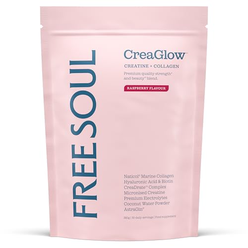 CreaGlow Naticol Marine Collagen + Creatine Monohydrate + Electrolytes Powder | Glow & Strength All in 1 with Magnesium Vitamin C Biotin & Hyaluronic Acid | Raspberry Flavoured | Free Soul