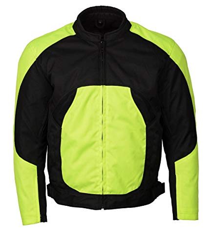 M-Boss Motorcycle Apparel BOS11701 Men's High-Vis Green Nylon Motorcycle Racer Riding Jacket with Mesh Panel Black - Large