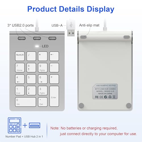 Nummernblock Ziffernblock USB - Kabelgebundenes Keypad & USB-Hub mit 3 Anschlüssen, NumLock-Funktion, Ultradünne Tastaturerweiterung, 18 Tasten, 0.5 M Kabel Numpad mit 3 USB2.0-Ports für Laptop, PC