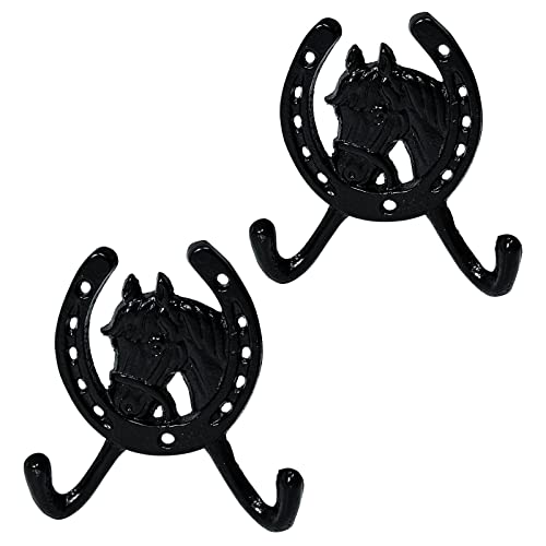 2Pcs Cast Iron Horse Head Shaped Horseshoe Double Key Coat Hooks Wall Coat Hat Hooks Hanger Clothes Rack Vintage Farmhouse Decorative Hooks For Hanging Robe Towels Coats Bags #TOP9