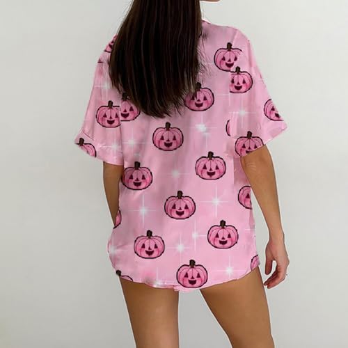 2pcs Halloween Silk Sleepwear Set Cute Pumpkin Print Button Short Sleeve High Elastic Waist Shorts Pajamas Set2