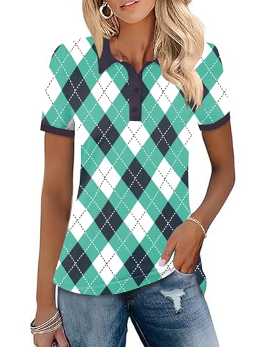 LOMON Golf Polo Shirts for Women Short Sleeve Workout Tops Lightweight Collared Tops for Ladies 2025 Summer Green Plaid L