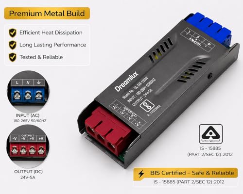 Image of Dreamlux 120W 24V 5A SMPS Power Supply | AC to DC Converter 180-265V Input | Industrial Grade Switching Power Supply with 4kV Surge Protection | Overload, Short Circuit Protection | Made in India (3)