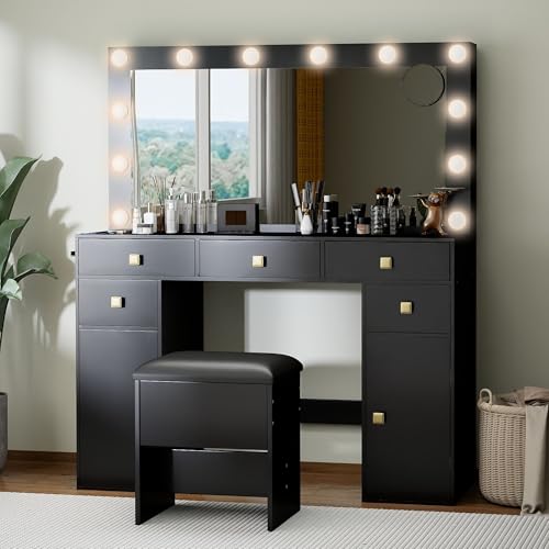 Real Relax Makeup Vanity Desk with Lights, 41”Large Mirror, 12 Adjustable 3 Color LED Bulbs, 5 Drawers, Charging Outlet, Hairdryer Holder, Suitable for Girls' Makeup Vanity, Black