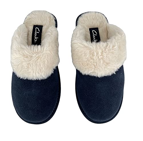 Image of Clarks Womens Open Back Suede Leather Comfort Clog Slipper JMS0583C - Plush Faux Fur Trim - Indoor Outdoor House Slippers For Women