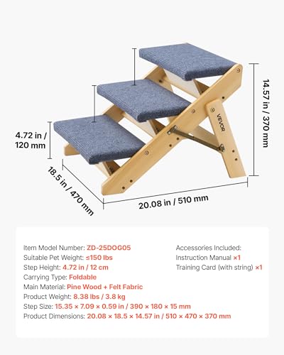 VEVOR Hundetreppe 510x470x370 mm, 3-stufige Hautiertreppe, klappbare Holztreppe geeignet für kleine, mittlere, große, ältere Haustiere sowie Welpen bis 68 kg, Hundeleiter für Betten, Sofas & Autos