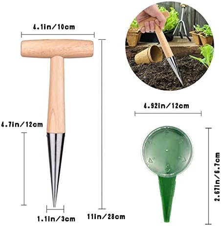 BLBK 2 Pack Garden Hand Tool, Gardening Hole Puncher, Seed Dispenser, Stainless Steel Hand Hole Puncher with Wooden Handle, for Outdoor Garden Planting Pot