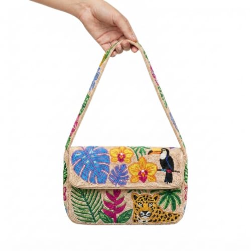 ZARIMOON Handmade Beaded Shoulder Bag for Women, Tropical Jungle Beaded Purse with Leopard, Toucan, and Monstera Pattern, Boho Artisan Crossbody Evening Clutch with Strap, 10x6 Inch, Beige Multi