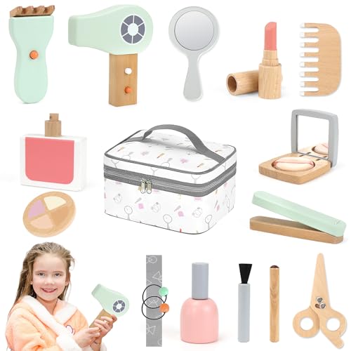 Set de Maquillage Enfant en Bois 17 Pièces – Jouet Salon de Beauté et Coiffure Montessori, Kit Jeu de Rôle Princesse avec Trousse de Toilette, Cadeau...