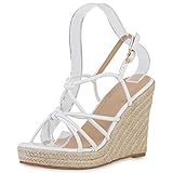  VAN HILL Damen Plateau Sandaletten Schuhe Keilabsatz Bast Sommerschuhe Leder-Optik Sommer Plateauschuhe 212061 Weiss 38